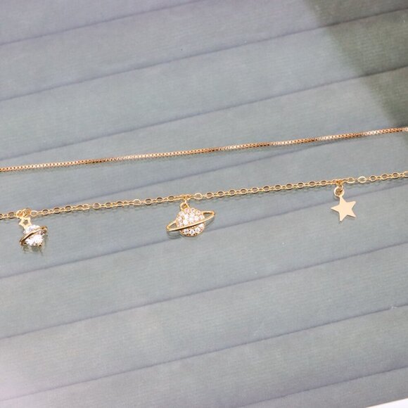 "Rose Gold Double Layer Anklet with Planet and Star Charms, XPAL1049 - Picture 3 of 13